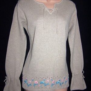 Laura Ashley Beige Knit Sweater with Lace-Up Detail